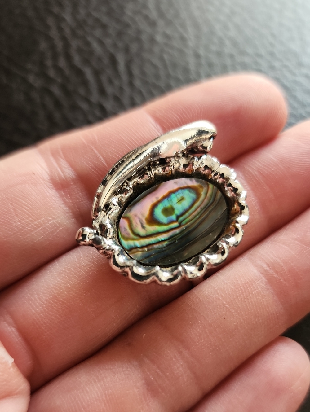 Silver-Tone Abalone Shell Adjustable Statement Ring - Iridescent Green